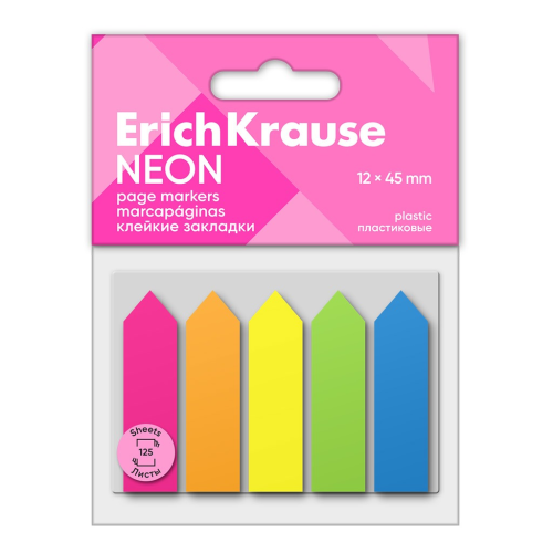 Adhesive bookmarks plastic ErichKrause Neon Arrows, 12x45 mm, 125 sheets, 5 colors 61555