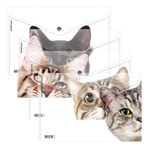 Envelope folder on a button, plastic ErichKrause Hiding Cats, A4, assorted (in a package of 12 pcs.) 61155 Envelope folder on a button, plastic ErichKrause Hiding Cats, A4, assorted (in a package of 12 pcs.) 61155