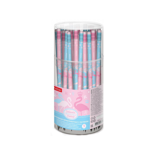 Карандаш чернографитн. Hatber круглый корпус 72шт. -Flamingo- Ассорти "HB" с ластиком с заточ. в пласт.тубе