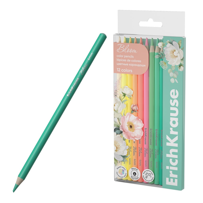 Цветные карандаши деревянные ErichKrause Pastel Bloom круглые, грифель 4 мм, 12 цветов (в ПЭТ-боксе с европодвесом 12 шт)