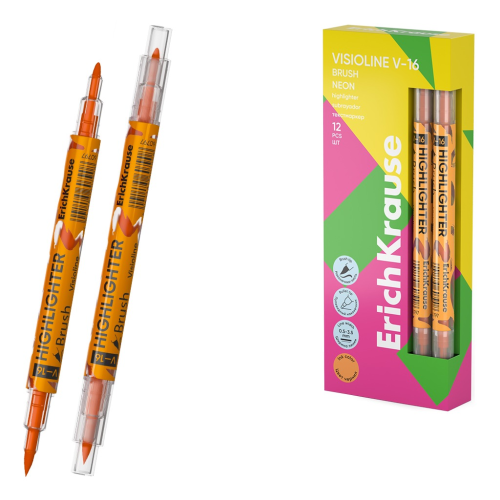 Двухсторонний текстмаркер ErichKrause Visioline V-16 Brush Neon, цвет чернил оранжевый (в коробке по 12 шт.) 60797