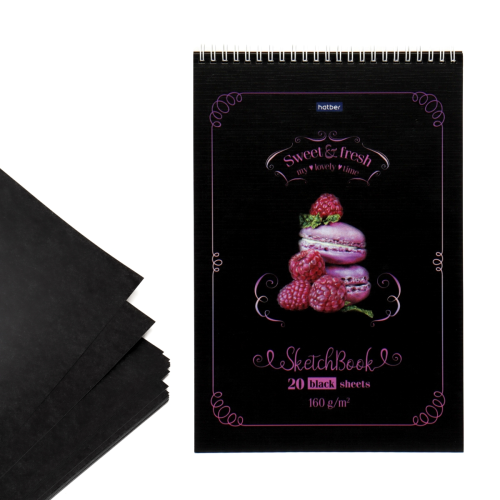 "Premium" АЛЬБОМ для рисования SketchBook 20л А4ф блок из черной бумаги 160г/кв.м жесткая подложка на гребне -Сладкое настроение-20А4Aгр_23426 "Premium" АЛЬБОМ для рисования SketchBook 20л А4ф блок из черной бумаги 160г/кв.м жесткая подложка на гребне -Сладкое настроение-20А4Aгр_23426