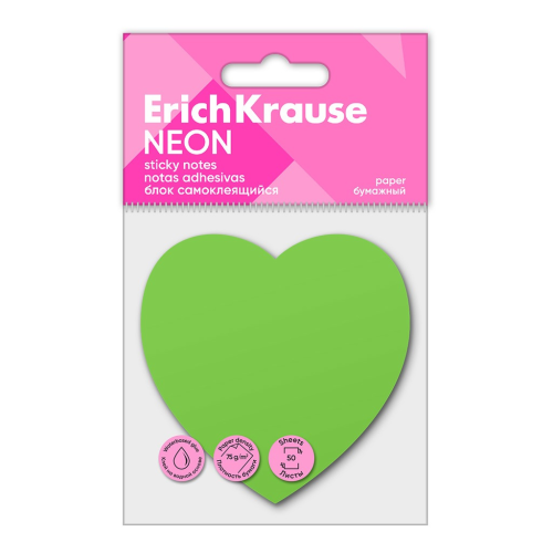 Блок самоклеящийся бумажный ErichKrause Heart Neon, 50 листов, зеленый 61726 Блок самоклеящийся бумажный ErichKrause Heart Neon, 50 листов, зеленый 61726