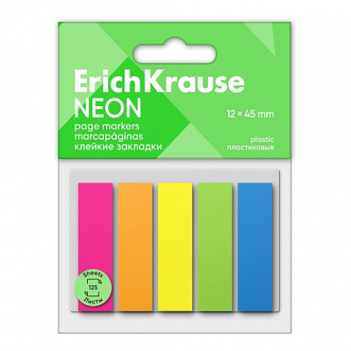Adhesive bookmarks plastic ErichKrause Neon, 12x45 mm, 125 sheets, 5 colors 61558